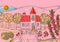 Summer day in village. Colorful drawing of country house in the garden