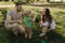 Summer day for a young family, dad, mom and little son became joyful and happy. Happy family concept photo. No focus blurred and