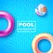 Summer design, pool background, colorful beach ball, float. Vector vacation illustration for Coupon, Voucher, Banner, Flyer,
