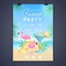 Summer disco party poster with 3d blue lagoon cocktail and flamingo. Colorful summer beach scene.