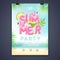 Summer disco party poster with 3d text and margarita cocktail. Colorful summer beach scene.