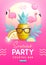 Summer disco party typography poster with 3D plastic pineapple, flamingo and tropic fruits.