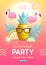 Summer disco party typography poster with 3D plastic pineapple, flamingo and tropic fruits.