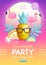 Summer disco party typography poster with 3D plastic pineapple, flamingo and tropic fruits.