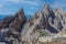 Summer dolomite rocky panorama with giant pinnacles in the Latemar Massif