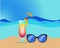 Summer dream vacation illustration with sunglasses , cocktail against sea background
