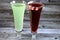 Summer drinks, Refrigerated cold Lemon mint soft drink, green pop soda, carbonated lemonade drink, and Fresh refrigerated Roselle