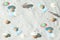 Summer Easter pattern background with eggs, virus mask, beach umbrella and glasses. Minimal pandemic or holiday concept. Safe