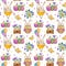 Summer, easter, spring seamless pattern with bunnies rabbits, eggs, flowers, ballons and chickens.