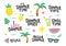 Summer elements set. Text and food, fruits, drinks, palm leaves. Vector template.
