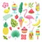 Summer elements. Tropical vacation photo booth props. Flamingo, ice cream and pineapple, leaves and cocktail, flower and