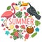 Summer emblem exotic birds tropical plants and seasonal food