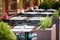 Summer empty open air restaraunt in italian city in Europe. Closeup wineglasses on the table