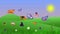 Summer environment animation with butterflies and fields, flat graphic cartoon