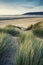 Summer evening landscape view over grassy sand dunes on beach wi