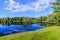 Summer evening in the Park with a lake. Summer landscape. nature of Russia. Well-maintained Park. Evening smoothness. The