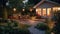 Summer Evening at a Picturesque Suburban House Patio. Garden Lights Aglow