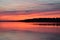 Summer evening red sunset over the river clouds and water surface