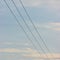 Summer evening sky background, vertical bright blue skyscape copy space, three power line cable wires, pink pastel clouds