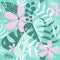 Summer exotic leaves seamless pattern.Trendy pastel colored, on turquise color backgound