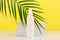 Summer face cream with SPF with white geometric podium and palm leaf against yellow background. Concept of sunblock