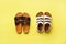 Summer female shoes - sandals birkenstock and slippers on yellow background with copy space. Top view. Minimal flat