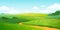 Summer fields landscape. Cartoon countryside valley with green hills blue sky and curly clouds. Vector rural nature view