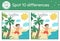 Summer find differences game for children. Beach holiday preschool activity with boy running to the sea. Printable worksheet with