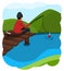 Summer fishing. Youth fisherman sits on a wooden bridge, his legs dangling into the water, and fishing. Bright warm colors. Funny