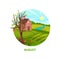 Summer flat vector illustration with small house, apple tree, green field, river and sun. Warm August day. Nature