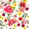Summer flowers, cherry berries, butterflies, watermelon fruits, fresh grass. Repeated pattern. Water color