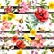 Summer flowers, meadow grass, bees at monochrome striped background. Repeating floral pattern. Watercolor and black