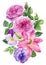 Summer flowers. Pansy, lily, roses, leaves and bud on white background, watercolor botanical illustration