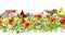 Summer flowers - poppies, chamomile, meadow grass, butterflies, farm houses. Floral border. Watercolor. Seamless frame