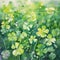 Summer flowers, shamrock, clover, whimsical watercolor. Botanical background. Generative AI