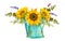 Summer flowers in a vintage emerald watering can. Yellow sunflowers with green leaves.
