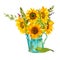 Summer flowers in a vintage emerald watering can. Yellow sunflowers with green leaves.