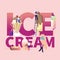 Summer Food Concept. Tiny Characters on Ladders Decorate Ice Cream. Different Types of Icecream Popsicle, Waffle Cone