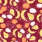 Summer food seamless pattern with organic bananas, pears, plums and apples. Maroon background with splashes