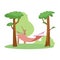 Summer forest campsite with canvas hammock, flat vector illustration isolated.