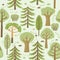 Summer forest. Coniferous and deciduous different trees grow on a green background. Between them, mushrooms, berries and bushes. S