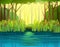 Summer forest landscape. Swampy coast with cattails and reed. Flat style. Quiet river or lake. Wild overgrown pond on