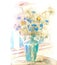 Summer fragrance.  Watercolor painting. Beautiful bouquet of flowers. Daisies and cornflowers in a blue vase. Artistic decoration