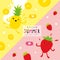 Summer Fresh Fruit Pineapple Strawberry Cartoon Smile Funny Cute Set Character Vector