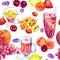 Summer fruit mix, beverages. Seamless food fruit pattern. Watercolor