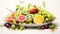 a summer fruit platter with watermelon, kiwi, and citrus fruits in vibrant watercolors