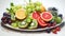 a summer fruit platter with watermelon, kiwi, and citrus fruits in vibrant watercolors