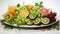 a summer fruit platter with watermelon, kiwi, and citrus fruits in vibrant watercolors