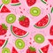 Summer fruit seamless pattern. juicy slices of watermelon and kiwi Strawberry on a blue background