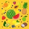 Summer fruits and berries set of vector illustrations isolated on yellow background in flat design. Summertime concept